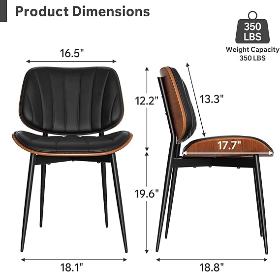 Dining Chairs Set of 4, Mid Century Modern Dining Room Chair, Upholstered Faux Leather Kitchen Chairs with Walnut Bentwood Back and Metal Legs for Kitchen Dining Room Living Room, Black - Image 2