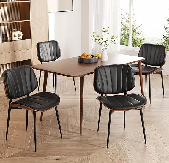 Dining Chairs Set of 4, Mid Century Modern Dining Room Chair, Upholstered Faux Leather Kitchen Chairs with Walnut Bentwood Back and Metal Legs for Kitchen Dining Room Living Room, Black