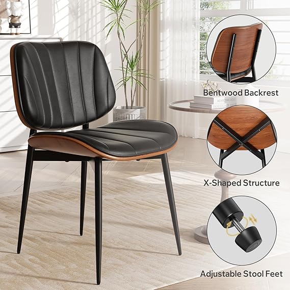 Dining Chairs Set of 4, Mid Century Modern Dining Room Chair, Upholstered Faux Leather Kitchen Chairs with Walnut Bentwood Back and Metal Legs for Kitchen Dining Room Living Room, Black - Image 3