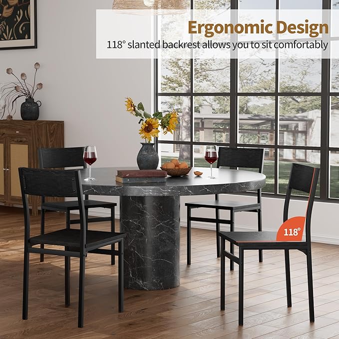 Dining Chairs Set of 4, Rustic Wood Dining Room Chairs with Metal Steel Frame & Slat Back, Modern Farmhouse Chair for Kitchen, Living Room (Black) - Image 2