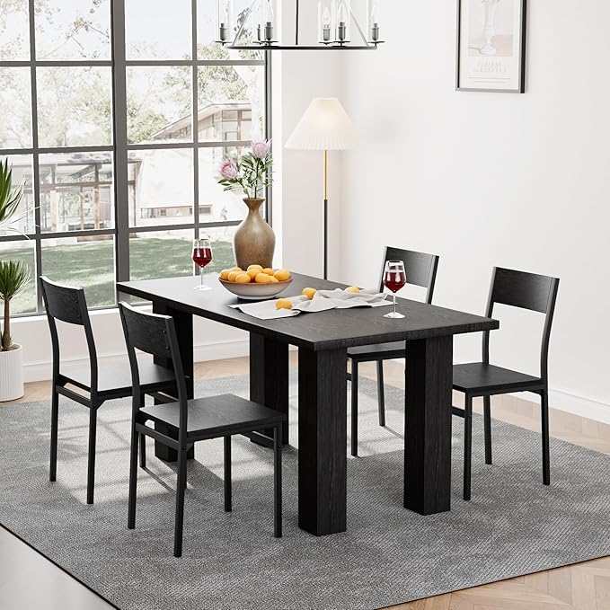 Dining Chairs Set of 4, Rustic Wood Dining Room Chairs with Metal Steel Frame & Slat Back, Modern Farmhouse Chair for Kitchen, Living Room (Black)