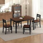 Modern 5-Piece Black Dining Set - 43.3" Rectangular Table with Black Legs & 4 Chairs, Brown Wood Top with Woven Rattan Backs, Kitchen Table Set for 4, Small Space Dining Furniture, Brown+Black