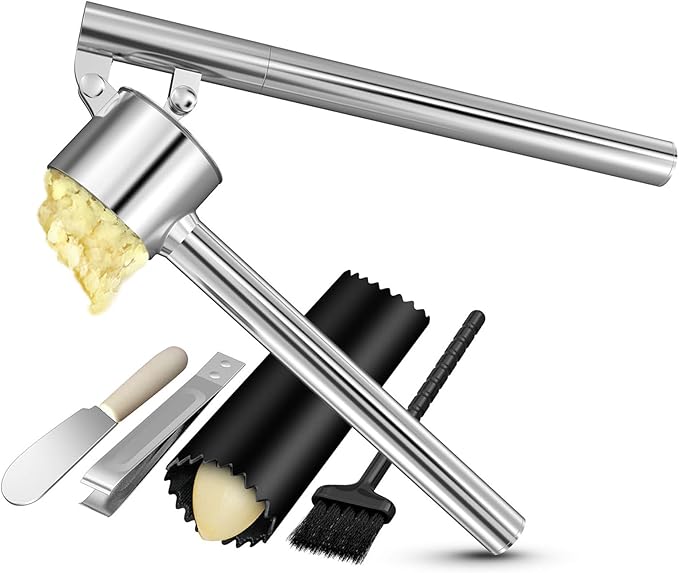 5-in-1 Stainless Steel Garlic Press Set with Jumbo Chamber & Mincer